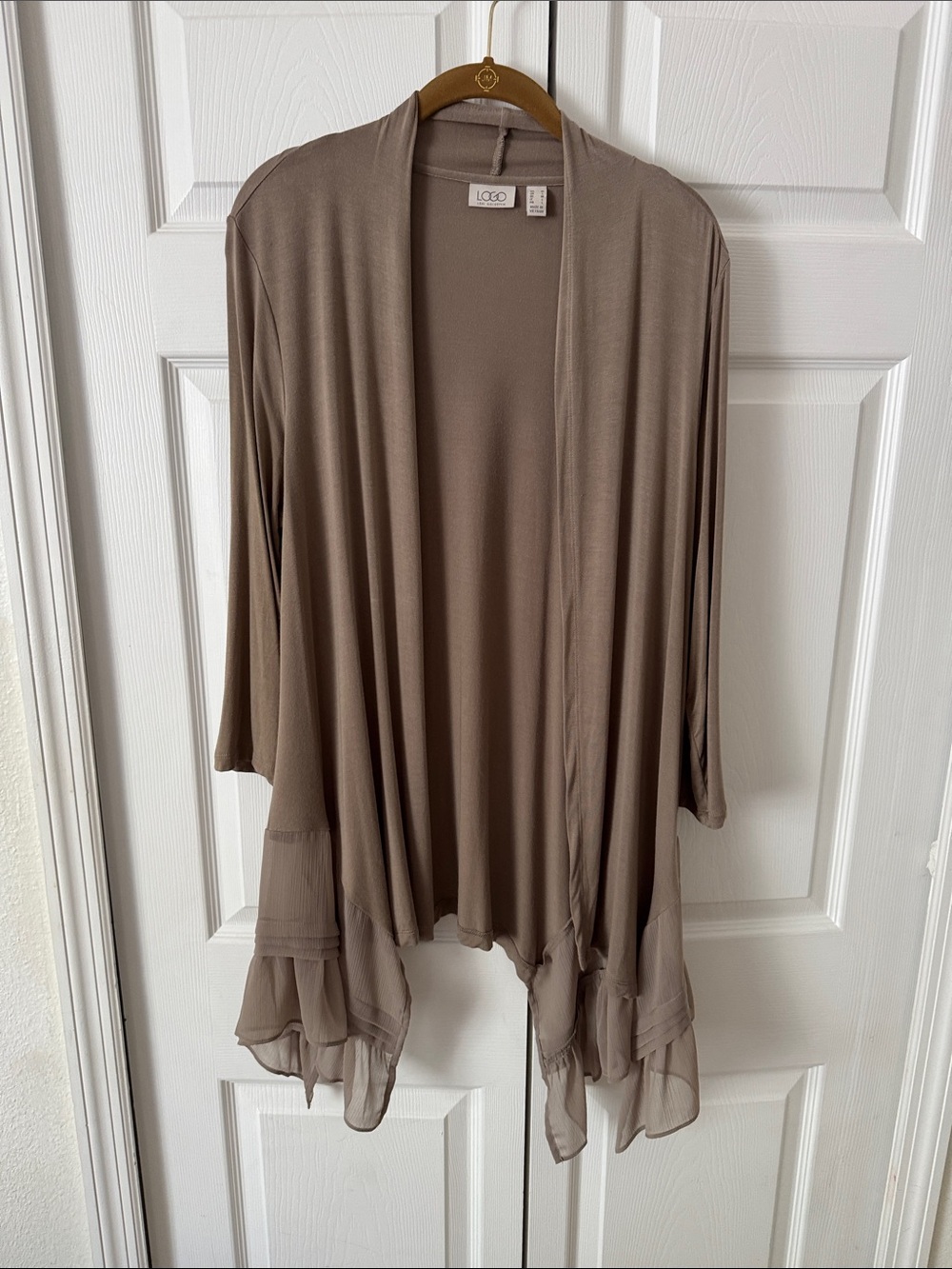 LOGO by Lori Goldstein Taupe Open-Front Ruffle Hem Cardigan